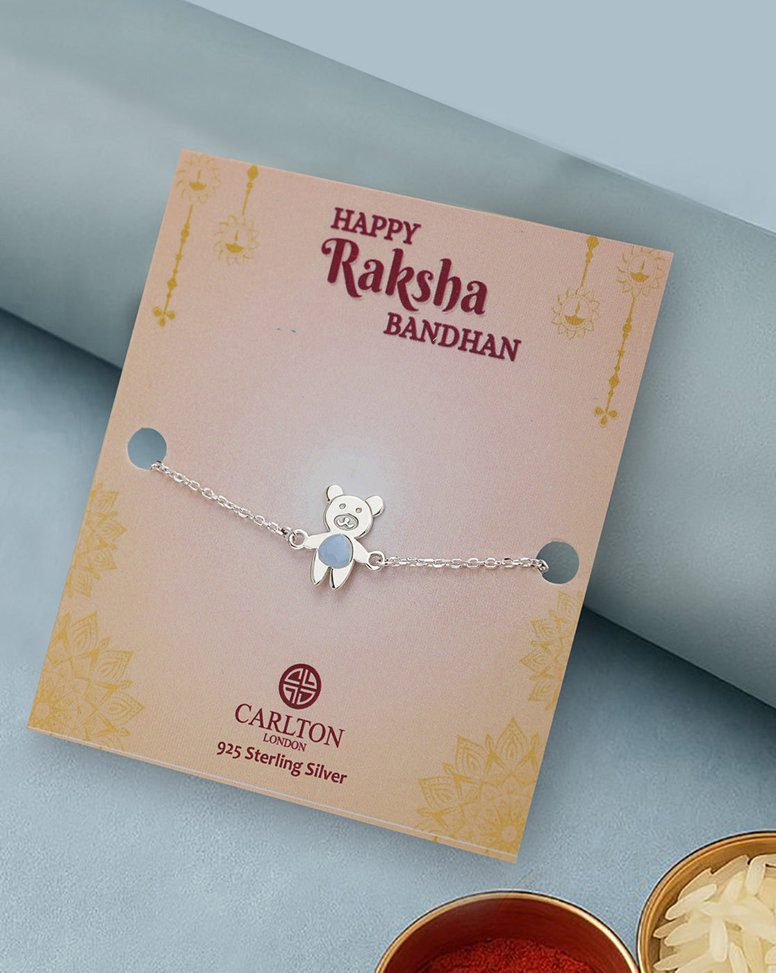 925 Pure Sterling Silver Enamel and Silver Plated Teddy Bear Charm Rakhi
