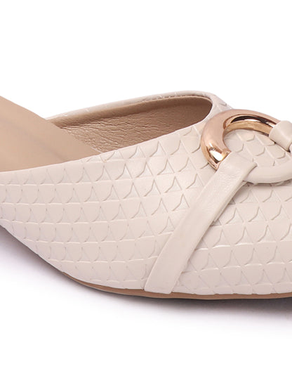 Elegant Textured Mules with Gold Buckle and Block Heel