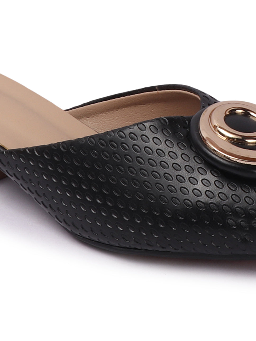 Elegant Textured Mules with Unique Gold Buckle and Block Heel