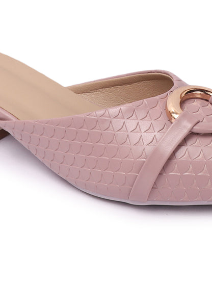 Elegant Textured Mules with Gold Buckle and Block Heel