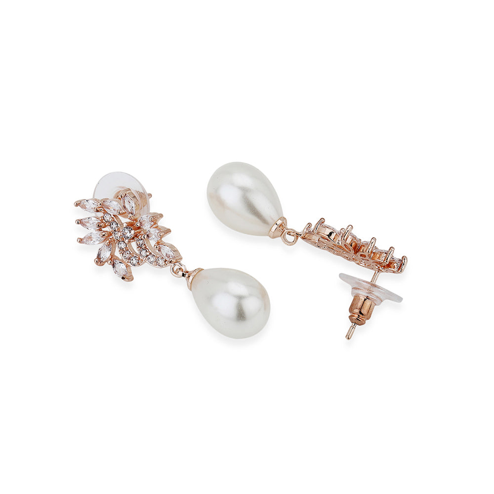 Carlton London Premium Jwlry-Rose Gold &amp; White Toned Pearls Studded Rose Gold-Plated Contemporary Handcrafted Drop Earrings Fje4113