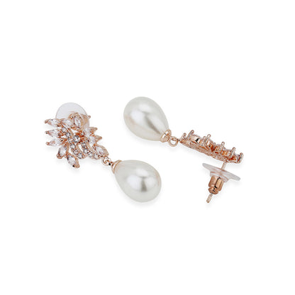 Carlton London Premium Jwlry-Rose Gold &amp; White Toned Pearls Studded Rose Gold-Plated Contemporary Handcrafted Drop Earrings Fje4113