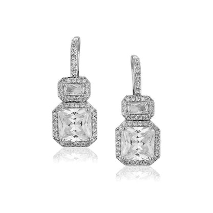 Carlton London Premium Jwlry-Silver Toned Cz Studded Rhodium-Plated Square Handcrafted Drop Earrings Fje4116