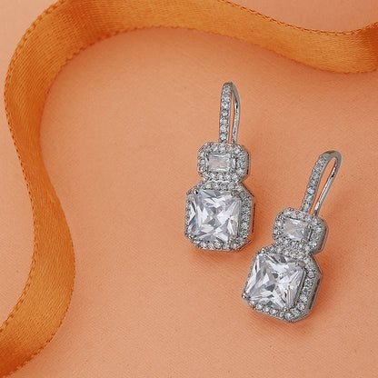 Carlton London Premium Jwlry-Silver Toned Cz Studded Rhodium-Plated Square Handcrafted Drop Earrings Fje4116