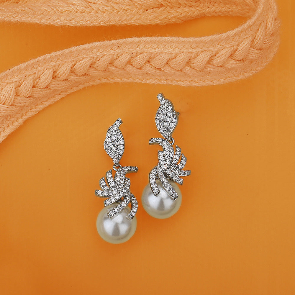 Carlton London Premium Jwlry-Silver &amp; White Toned Pearls Studded Rhodium-Plated Contemporary Handcrafted Drop Earrings Fje4118