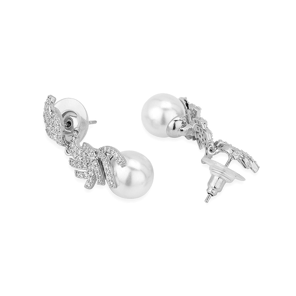 Carlton London Premium Jwlry-Silver &amp; White Toned Pearls Studded Rhodium-Plated Contemporary Handcrafted Drop Earrings Fje4118